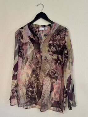 Tribal.Jeans Long-sleeved, 1/2 Button Sheer Blouse Purple Abstract Floral, Sz L